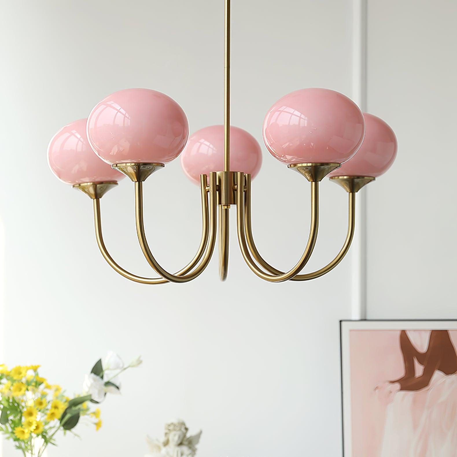 Plafonnier Moderne à 3 ou 5 Têtes - Fini Doré avec Abat-jours Roses en Verre